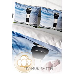 King Size Deniz Feneri 3d Pamuk Saten Çift Kişilik Nevresim Takımı