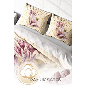 King Size Pembe Zambak 3d Pamuk Saten Çift Kişilik Nevresim Takımı