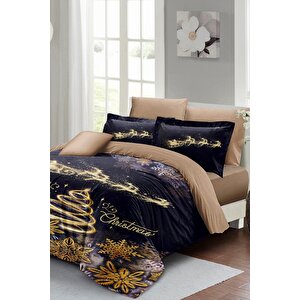 King Size Yılbaşı Süsü Gold Coffee Noel %100 Pamuk Saten 3d Çift Kişilik Nevresim Takımı