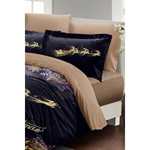 King Size Yılbaşı Süsü Gold Coffee Noel %100 Pamuk Saten 3d Çift Kişilik Nevresim Takımı