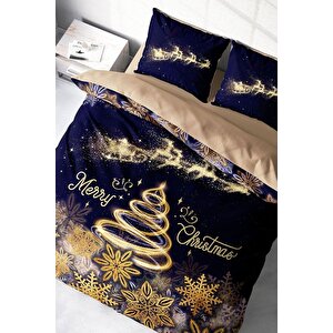 King Size Yılbaşı Süsü Gold Coffee Noel %100 Pamuk Saten 3d Çift Kişilik Nevresim Takımı