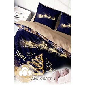 King Size Yılbaşı Süsü Gold Coffee Noel %100 Pamuk Saten 3d Çift Kişilik Nevresim Takımı