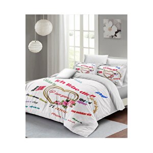 King Size Sevgililer Günü Çift Kişilik Nevresim Takımı%100 Pamuk Saten Her Dilde Aşk