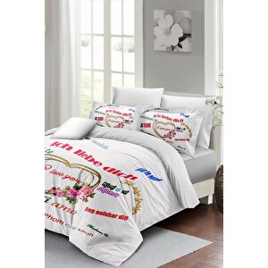 King Size Sevgililer Günü Çift Kişilik Nevresim Takımı%100 Pamuk Saten Her Dilde Aşk