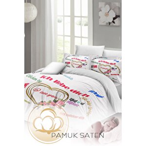 King Size Sevgililer Günü Çift Kişilik Nevresim Takımı%100 Pamuk Saten Her Dilde Aşk