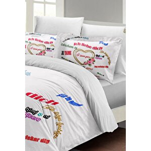 King Size Sevgililer Günü Çift Kişilik Nevresim Takımı%100 Pamuk Saten Her Dilde Aşk