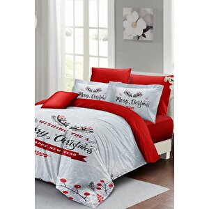 King Size Yılbaşı Süsü Wıshing You Noel %100 Pamuk Saten 3d Çift Kişilik Nevresim Takımı
