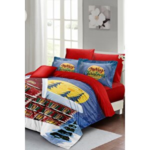 King Size Yılbaşı Süsü Red House* Noel %100 Pamuk Saten 3d Çift Kişilik Nevresim Takımı