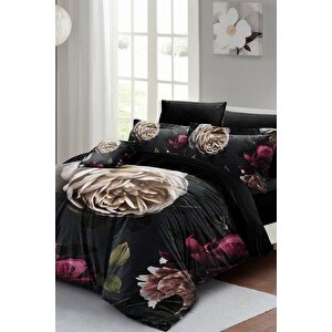 King Size Black Flower Çift Kişilik Nevresim Takımı 3d Pamuk Saten