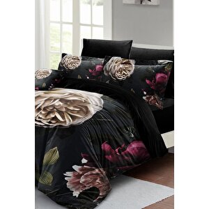 King Size Black Flower Çift Kişilik Nevresim Takımı 3d Pamuk Saten