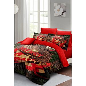 King Size Yılbaşı Merry Christmas Çift Kişilik 3d Nevresim Takımı Pamuk Saten Gift