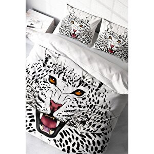 King Size Beyaz Leopard Naturel Çift Kişilik Nevresim Takımı
