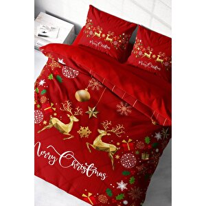 King Size Yılbaşı Süsü Merry Christmas Çift Kişilik 3d Nevresim Takımı Pamuk Saten