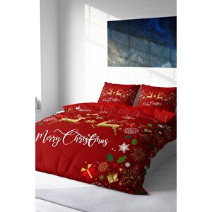 King Size Yılbaşı Süsü Merry Christmas Çift Kişilik 3d Nevresim Takımı Pamuk Saten