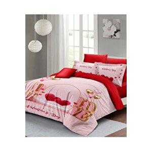 King Size Sevgililer Günü Çift Kişilik Nevresim Takımı%100 Pamuk Saten Valentine's