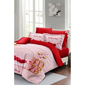 King Size Sevgililer Günü Çift Kişilik Nevresim Takımı%100 Pamuk Saten Valentine's