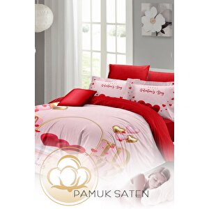 King Size Sevgililer Günü Çift Kişilik Nevresim Takımı%100 Pamuk Saten Valentine's