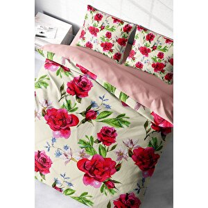 King Size Aquarelle Rose Naturel Çift Kişilik Nevresim Takımı