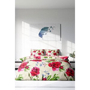 King Size Aquarelle Rose Naturel Çift Kişilik Nevresim Takımı