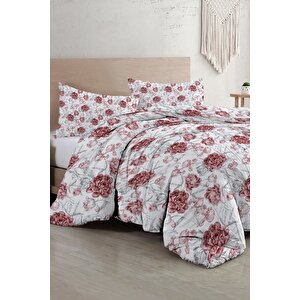 King Size Çift Kişilik Nevresim Takımı %100 Pamuk Saten Tuval Shadow Flowers Red