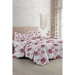 King Size Çift Kişilik Nevresim Takımı %100 Pamuk Saten Tuval Shadow Flowers Red