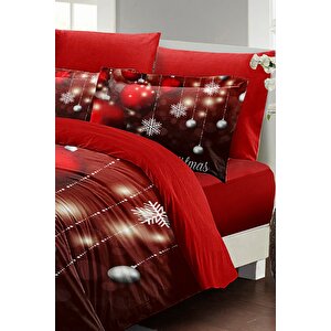 King Size Yılbaşı Nevresim Takım %100 Doğal Pamuk Noel Çift Kişilik Crystal