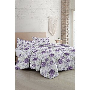 King Size Çift Kişilik Nevresim Takımı %100 Pamuk Saten Tuval Shadow Flowers Lilac