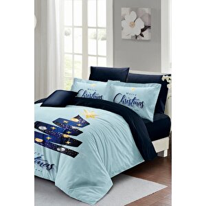 King Size Yılbaşı Süsü Blue Star Noel %100 Pamuk Saten 3d Çift Kişilik Nevresim Takımı
