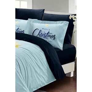 King Size Yılbaşı Süsü Blue Star Noel %100 Pamuk Saten 3d Çift Kişilik Nevresim Takımı