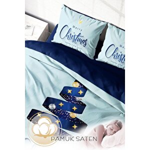 King Size Yılbaşı Süsü Blue Star Noel %100 Pamuk Saten 3d Çift Kişilik Nevresim Takımı