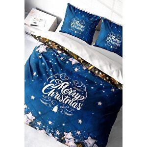 King Size Yılbaşı Süsü Merry Christmas Çift Kişilik 3d Nevresim Takımı Pamuk Saten Blue Stars