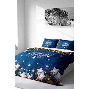 King Size Yılbaşı Süsü Merry Christmas Çift Kişilik 3d Nevresim Takımı Pamuk Saten Blue Stars