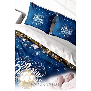 King Size Yılbaşı Süsü Merry Christmas Çift Kişilik 3d Nevresim Takımı Pamuk Saten Blue Stars