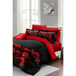King Size Sevgililer Günü Çift Kişilik Nevresim Takımı%100 Pamuk Saten Black Rose