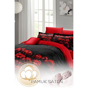 King Size Sevgililer Günü Çift Kişilik Nevresim Takımı%100 Pamuk Saten Black Rose