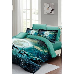 King Size Yılbaşı Nevresim Takım %100 Doğal Pamuk Noel Çift Kişilik Deer