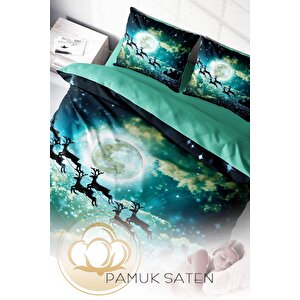 King Size Yılbaşı Nevresim Takım %100 Doğal Pamuk Noel Çift Kişilik Deer