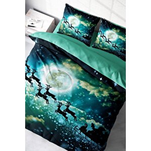 King Size Yılbaşı Nevresim Takım %100 Doğal Pamuk Noel Çift Kişilik Deer