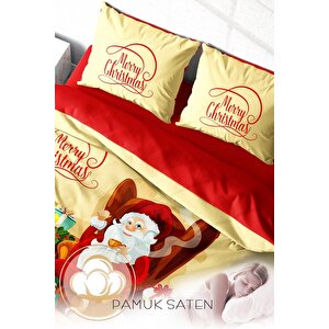 King Size Yılbaşı Süsü Merry Christmas Çift Kişilik 3d Nevresim Takımı Pamuk Saten Noel Baba