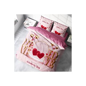 King Size Sevgililer Günü Pamuk Saten Çift Kişilik Nevresim Takımı Happy Valentine's Day