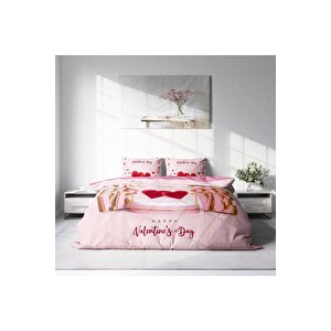 King Size Sevgililer Günü Pamuk Saten Çift Kişilik Nevresim Takımı Happy Valentine's Day