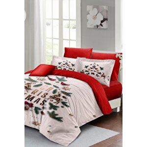 King Size Yılbaşı Süsü White Noel %100 Pamuk Saten 3d Çift Kişilik Nevresim Takımı