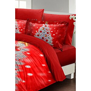 King Size Yılbaşı Nevresim Takım %100 Doğal Pamuk Saten Noel Çift Kişilik Pine