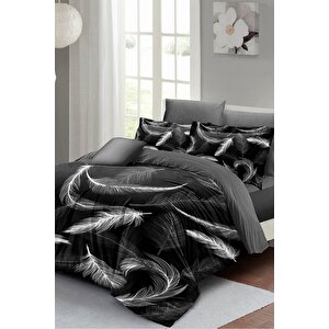 King Size Nevresim Takımı Çift Kişilik 3d Pamuk Saten Dark Feather