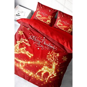 King Size Yılbaşı Süsü Merry Christmas Çift Kişilik 3d Nevresim Takımı Pamuk Gold Deers