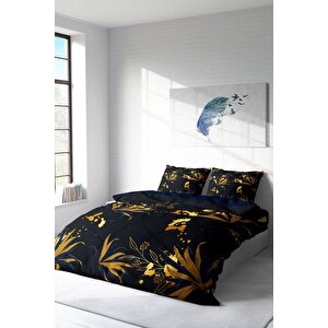 King Size Gold Leaf 3d Pamuk Saten Çift Kişilik Nevresim Takımı