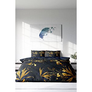 King Size Gold Leaf 3d Pamuk Saten Çift Kişilik Nevresim Takımı