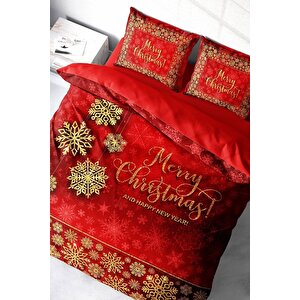 King Size Yılbaşı Süsü Merry Christmas Çift Kişilik 3d Nevresim Takımı Pamuk Saten Kırmızı