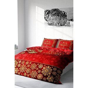 King Size Yılbaşı Süsü Merry Christmas Çift Kişilik 3d Nevresim Takımı Pamuk Saten Kırmızı