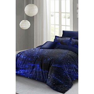 King Size Çift Kişilik Nevresim Takımı Pamuk Saten 3d Özel Tasarım Blue Nıght